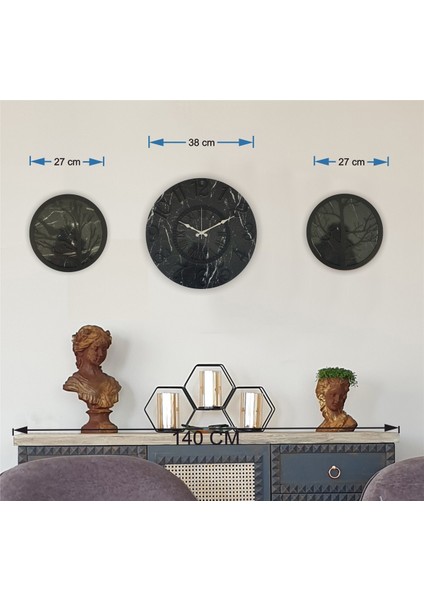 Mermer Desenli Duvar Saati ile Daldaki Kuş ve Hayat Ağacı Tablo