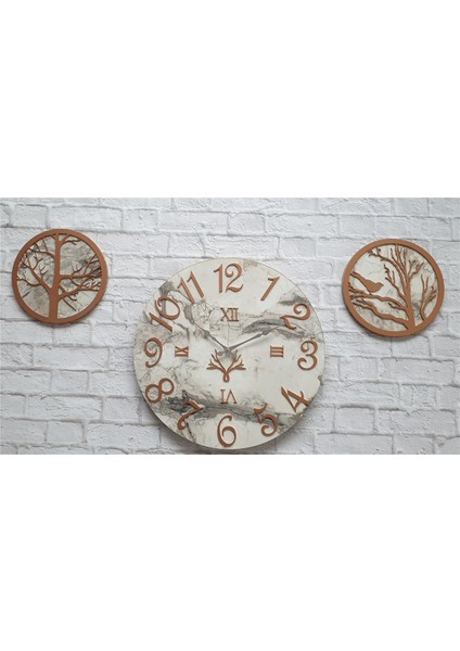 Mermer Desenli Duvar Saati ile Daldaki Kuş ve Hayat Ağacı Tablo