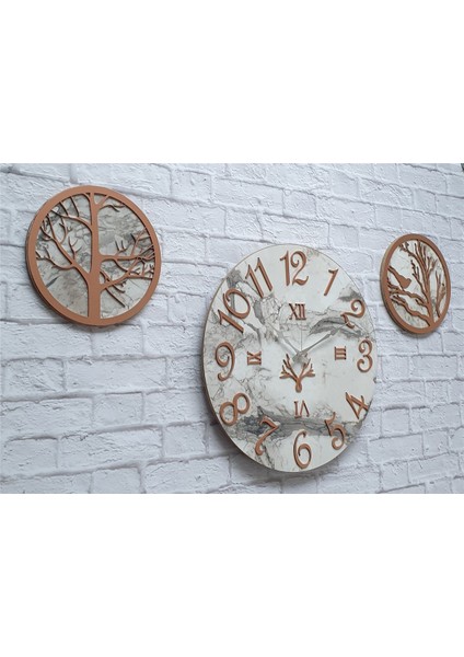 Mermer Desenli Duvar Saati ile Daldaki Kuş ve Hayat Ağacı Tablo fiyatları
