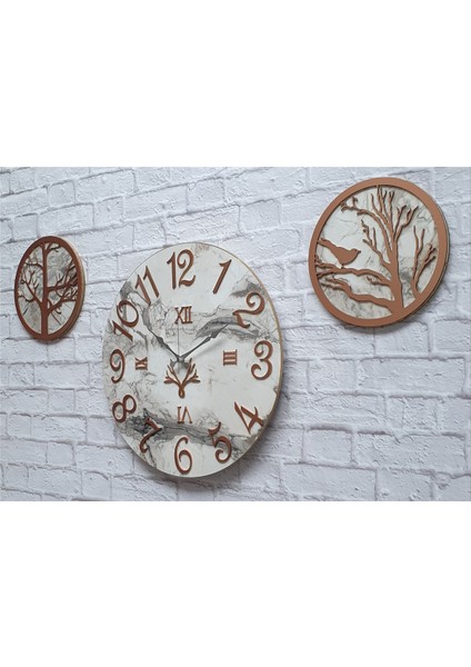 Mermer Desenli Duvar Saati ile Daldaki Kuş ve Hayat Ağacı Tablo modelleri