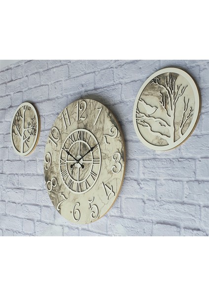 Mermer Desenli Duvar Saati ile Daldaki Kuş ve Hayat Ağacı Tablo