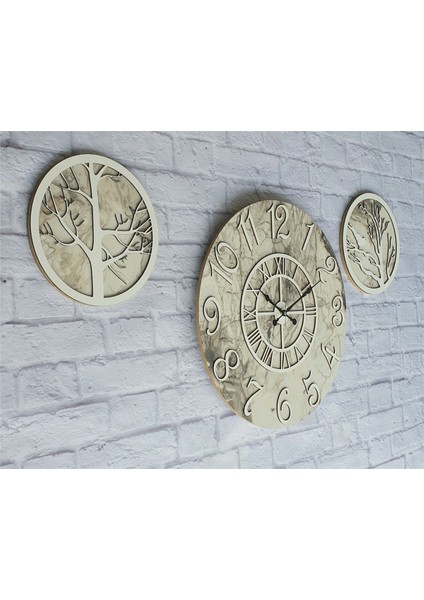 Mermer Desenli Duvar Saati ile Daldaki Kuş ve Hayat Ağacı Tablo modelleri