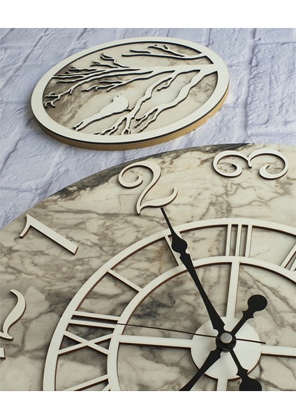 Mermer Desenli Duvar Saati ile Daldaki Kuş ve Hayat Ağacı Tablo indirimleri