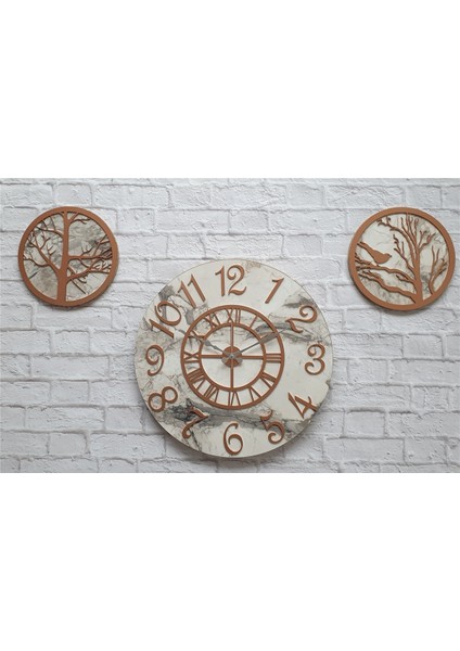 Mermer Desenli Duvar Saati ile Daldaki Kuş ve Hayat Ağacı Tablo