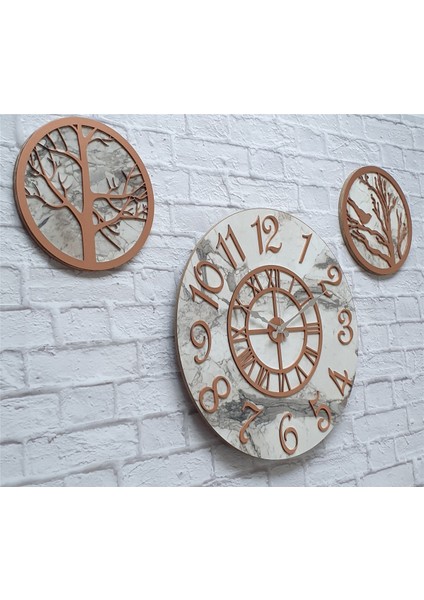 Mermer Desenli Duvar Saati ile Daldaki Kuş ve Hayat Ağacı Tablo fiyatları