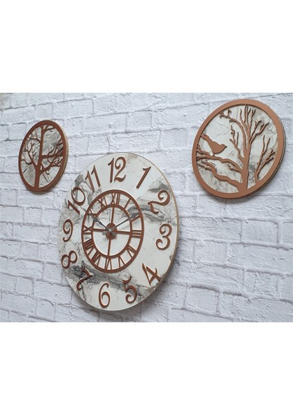 Mermer Desenli Duvar Saati ile Daldaki Kuş ve Hayat Ağacı Tablo modelleri