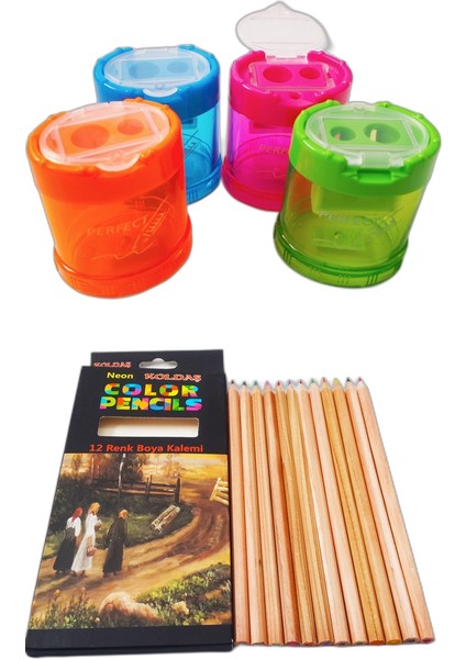 Perfect Kapaklı Sandık Kalemtıraş ve Neon Color 12'li Naturel Kuru Boya