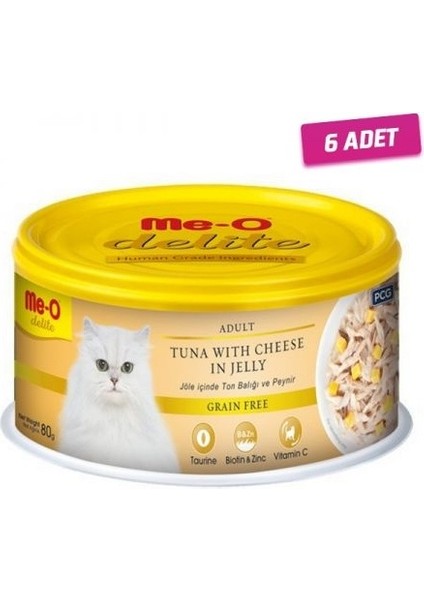 6 Adet - Meo Delite Tahılsız Jöle Içinde Ton Balıklı ve Peynirli Yetişkin Kedi Konservesi 80 gr