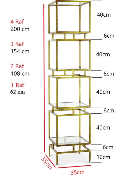 Olope Gold Metal 3 Raflı Kitaplık Çiçeklik Gümüşlük Duvar Rafı