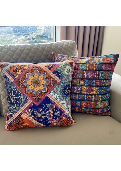 Çift Taraflı Etnik Desenli Dekoratif 2'li Kırlent Kılıfı Seti