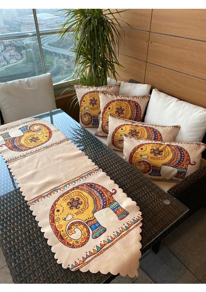 Çift Tarafı Baskılı Fil Desenli Dekoratif 4'lü Kombin Kırlent Kılıfı ve Runner Seti