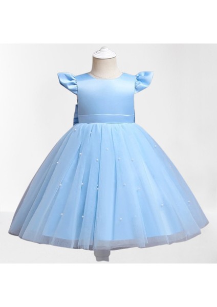 Kız Çocuk Bebe Mavisi Parti, Doğum Günü, Mezuniyet, Düğün Fiyonk Detaylı Elbise modelleri
