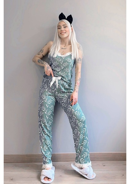 Yeşil Zeytin Dalı Dantelli Ip Askılı Örme Kadın Pijama Takımı indirimleri