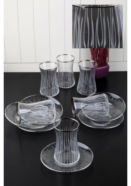 Lüx Çizgi Desenli Gümüş Yaldızlı 12 Parça Çay Bardağı