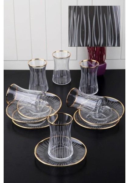 Lüx Çizgi Desenli Altın Yaldızlı 12 Parça Çay Bardağı