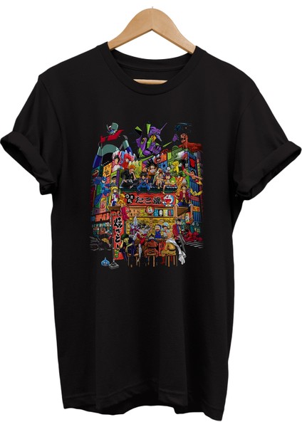 Animeler Buluşması Baskılı %100 Pamuk Oversize T-Shirt