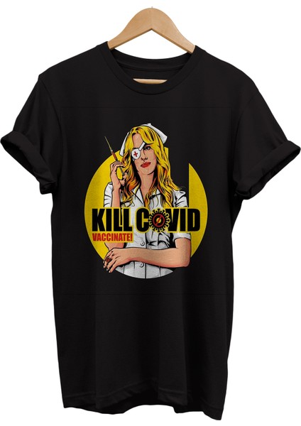 Kıll Bıll Hemşire Kovid Baskılı %100 Pamuk Oversize T-Shirt Büyük Beden Tişört