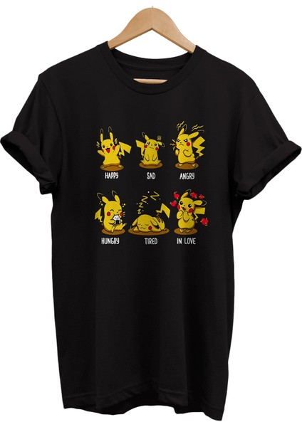 Pikachu Duygu Durumları Baskılı %100 Pamuk Oversize T-Shirt