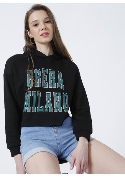 Kapüşonlu Crop Baskılı Siyah Kadın Sweatshirt - FIONA