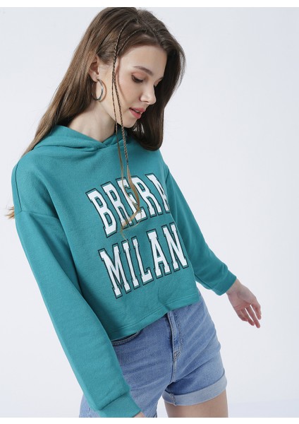 Kapüşonlu Crop Baskılı Yeşil Kadın Sweatshirt - FIONA