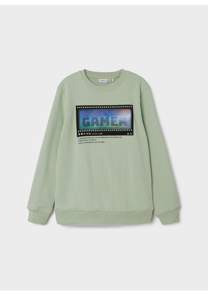 13198777 Bisiklet Yaka Bol Kesim Baskılı Açık Yeşil Erkek Çocuk Sweatshirt