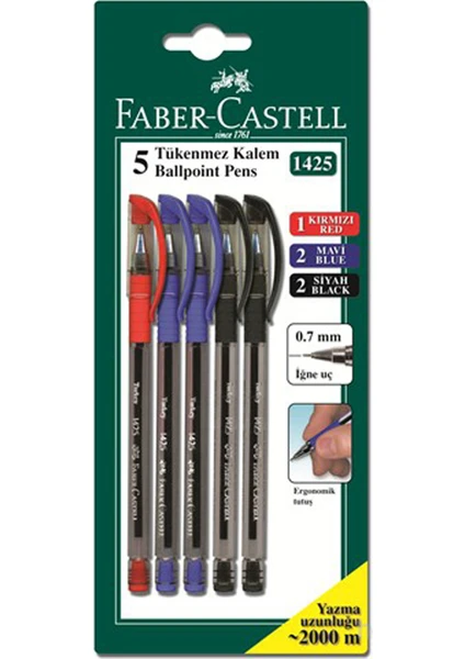 Faber Castell 1425 5 Renk Tükenmez Kalem - 2 Siyah+2 Mavi+1 Kırmızı 5'li 5500142550