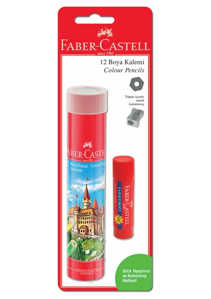 Faber-Castelll Tüp Kuru Boya 12'li + Stick Yapıştırıcı ve Kalemtıraş