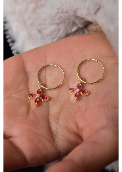 925 Ayar Gümüş Gold Kaplama Pembe Zirkon Taşlı Plumeria Halka Küpe