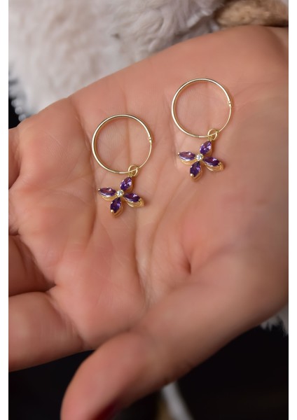 925 Ayar Gümüş Gold Kaplama Pembe Zirkon Taşlı Plumeria Halka Küpe