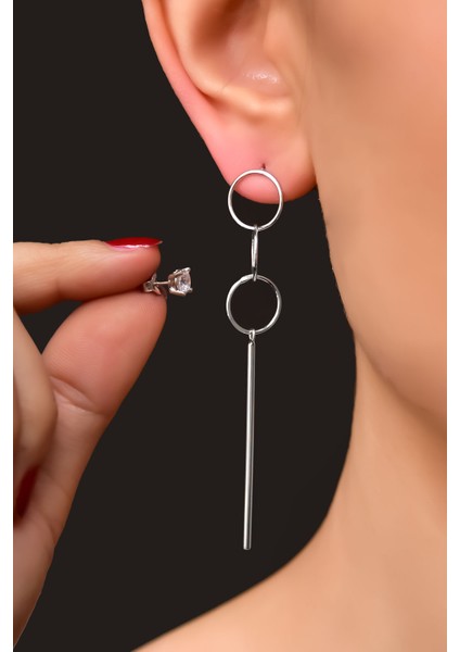 925 Ayar Gümüş Rodyum Kaplama Üç Halka Çubuk ve Tektaş Küpe