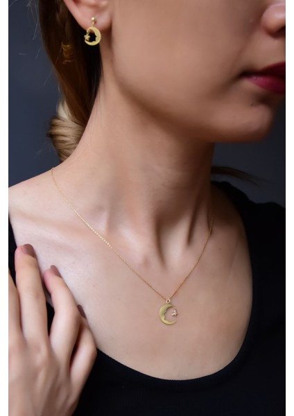 925 Ayar Gümüş Gold Atatürk Silüeti Kolye ve Küpe Takım