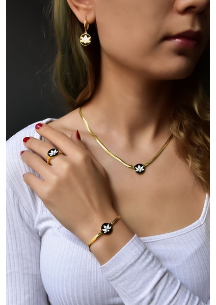 925 Ayar Gold Kaplama Mineli Lotus Çiçeği Kolye-Bileklik-Yüzük-Küpe Set