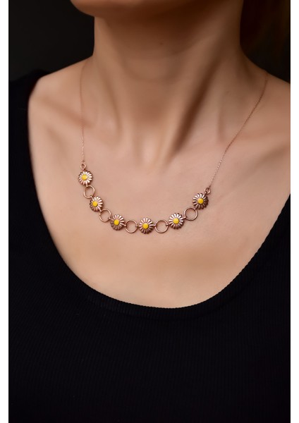 925 Ayar Gümüş Rose Kaplama Halka Mineli Papatya Kolye