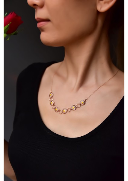 925 Ayar Gümüş Rose Kaplama Halka Mineli Papatya Kolye fiyatları