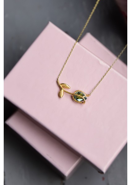 925 Ayar Gümüş Gold Kaplama Olive Taşlı Lale Kolye