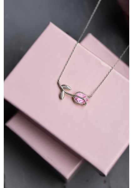 925 Ayar Gümüş Rodyum Kaplama Pembe Taşlı Lale Kolye