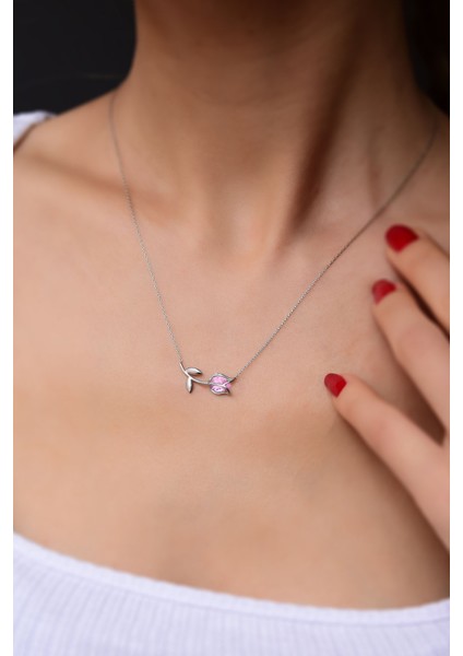 925 Ayar Gümüş Rodyum Kaplama Pembe Taşlı Lale Kolye fiyatları