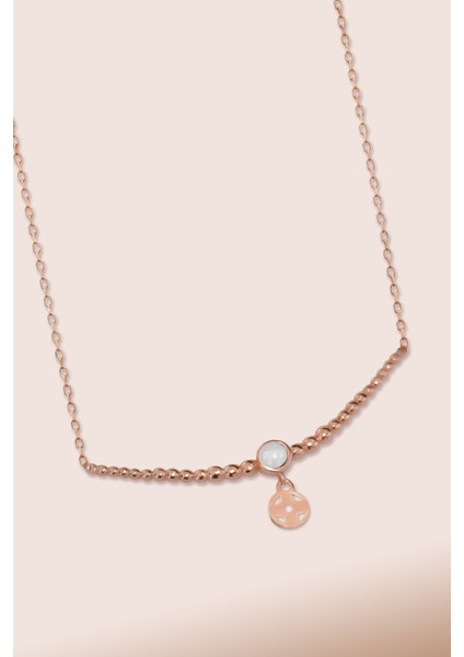 925 Ayar Gümüş Rose Kaplama Top Motifli Bordo Ay Taşı Yaşam Çiçeği Kolye