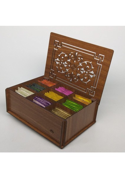 Doğal Ahşap Çay Kutusu 9 Bölmeli Kapaklı Poşet Bitki Çayı Saklama Kabı (Tea Box)