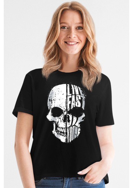 Hızlı Yaşa Siyah Kısa Kollu Kadın T-Shirt