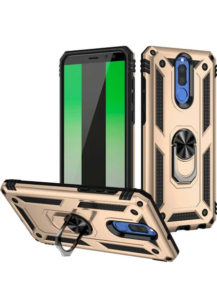 Huawei Mate 10 Lite Kapak Military Yüzüklü Stantlı Panzer Tank Kılıf - Gold