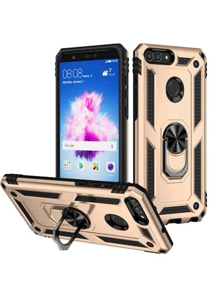 Huawei P Smart Kapak Military Yüzüklü Stantlı Panzer Tank Kılıf - Gold