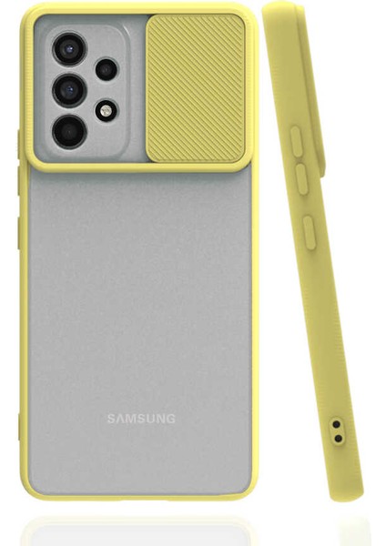 Samsung Galaxy A73 Kapak Lensi Açılır Kapanır Kamera Korumalı Silikon Kılıf - Sarı