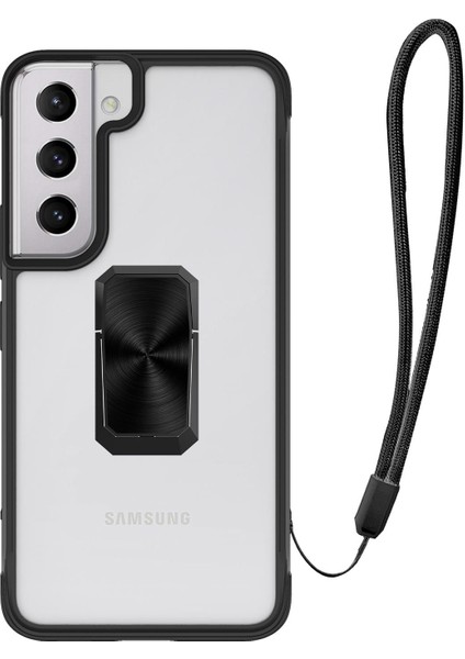 Samsung Galaxy S22 Plus Uyumlu Kılıf Metal Yüzüklü El Askılı Şeffaf Parlak Kapak Şık Tasarım