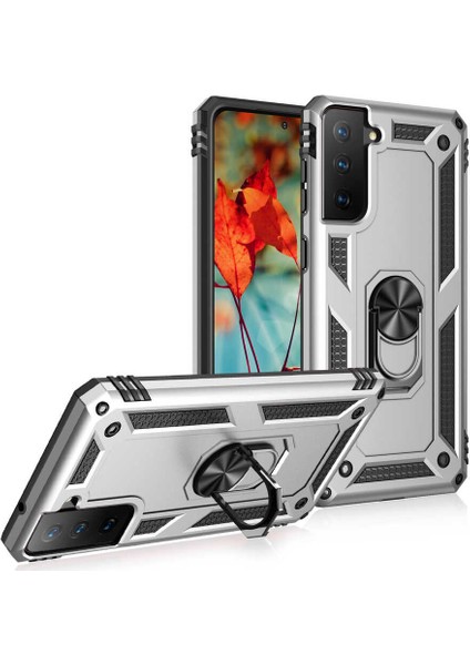 Caseworld Samsung Galaxy S21 Fe Kapak Military Yüzüklü Stantlı Panzer Tank Kılıf - Gri