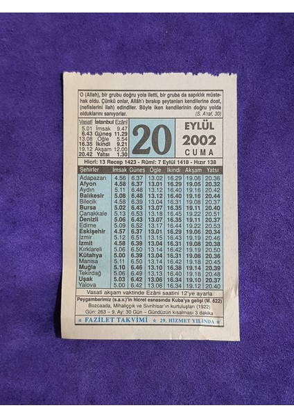 20 Eylül 2002 Takvim Yaprağı - Nostalji Koleksiyonluk Takvim Yaprağı
