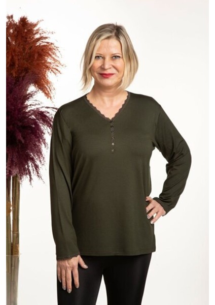 Iklim Bayan V Yaka Anne Bluz - Haki - M