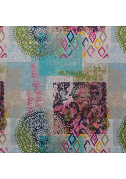 Turkuaz Pembe Motifli Pachwork Desen Dokuma Dijital Baskılı Petek Kumaş