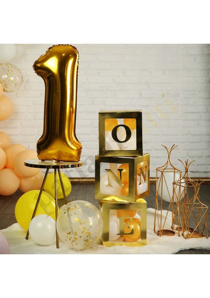 One Yazılı Gold Kutu ve Balon Seti Bebek 1 Yaş Doğum Günü Kutlama fırsatları