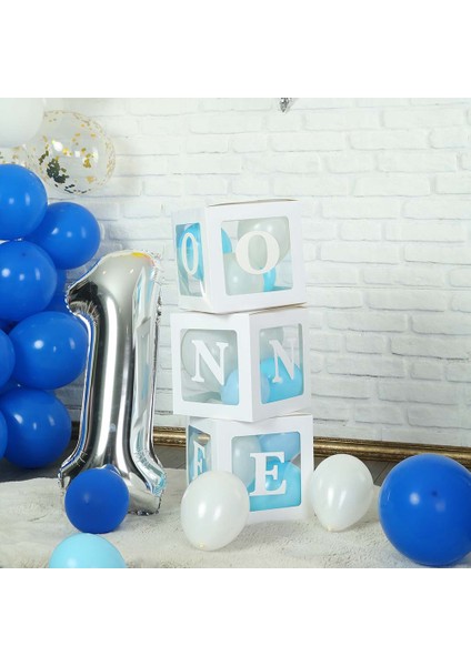 One Yazılı Beyaz Kutu ve Balon Seti Erkek Bebek 1 Yaş Doğum Günü Kutlama modelleri